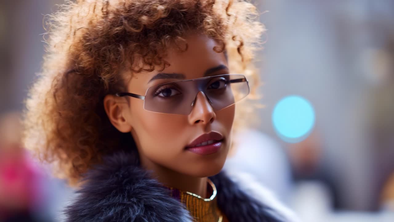 Donna elegante con capelli ricci e occhiali da sole in un contesto urbano che trasuda sicurezza e tendenze della moda moderna, catturata in due eleganti frame di un video