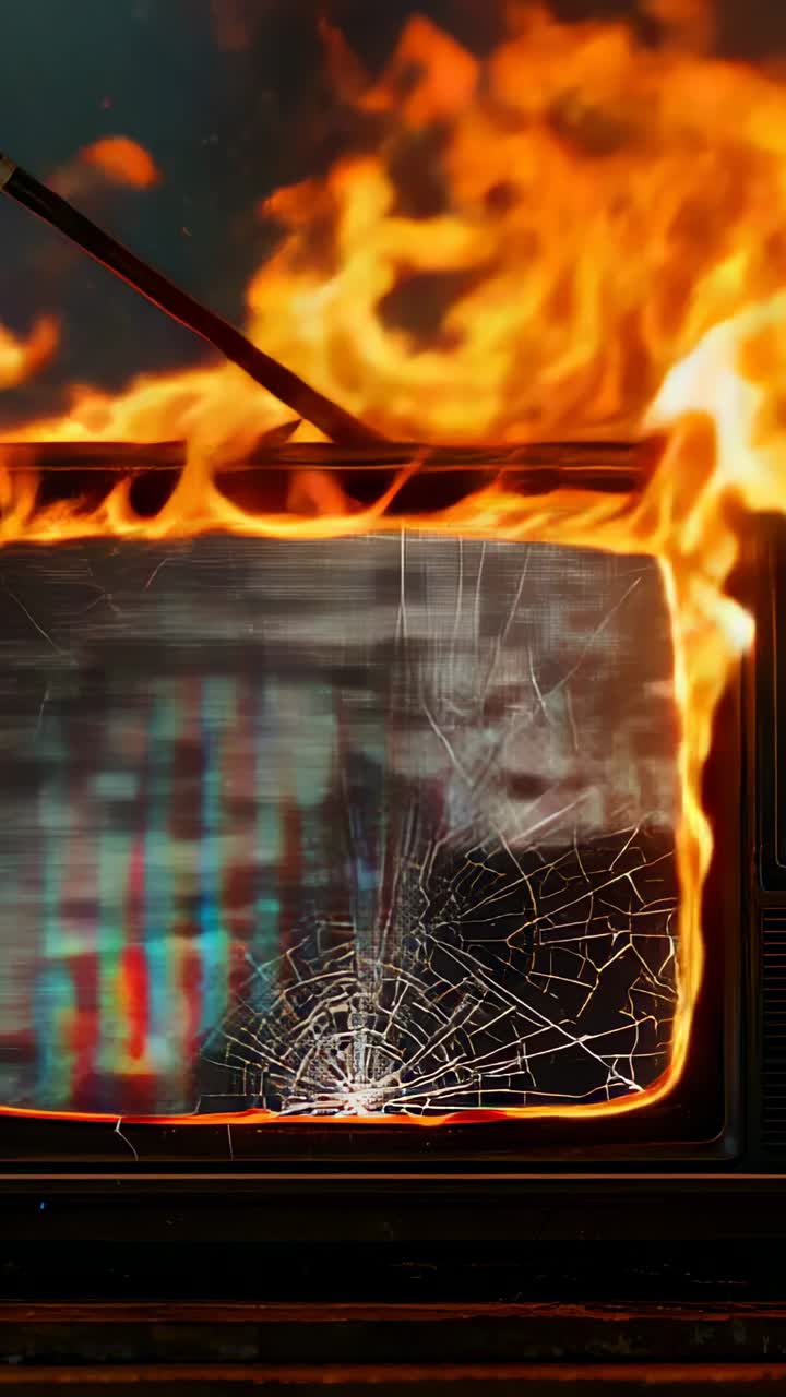 Vertical video: Heating metal rod sparking flames on broken glass CRT TV in room erupting fireball