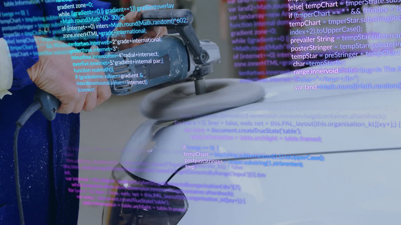 Electric rotary polisher buffing curved car surface overlaying code lines in animated illustration