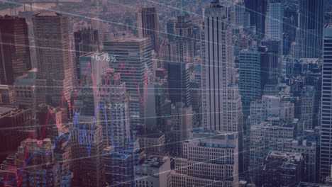 animation of statistical data processing over grid network against aerial view of cityscape
