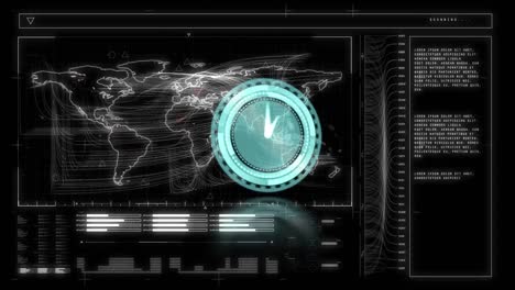 Animación-De-Manecillas-Que-Encienden-El-Reloj-Azul-Sobre-La-Interfaz-Con-El-Mapa-Mundial-Y-El-Procesamiento-De-Datos