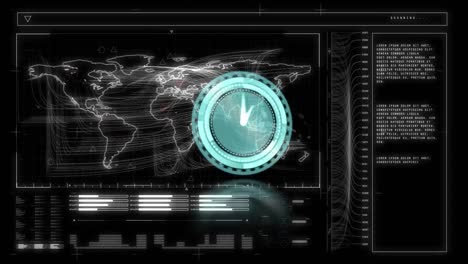 animación de manos que encienden el reloj azul sobre la interfaz con el mapa del mundo y el procesamiento de datos