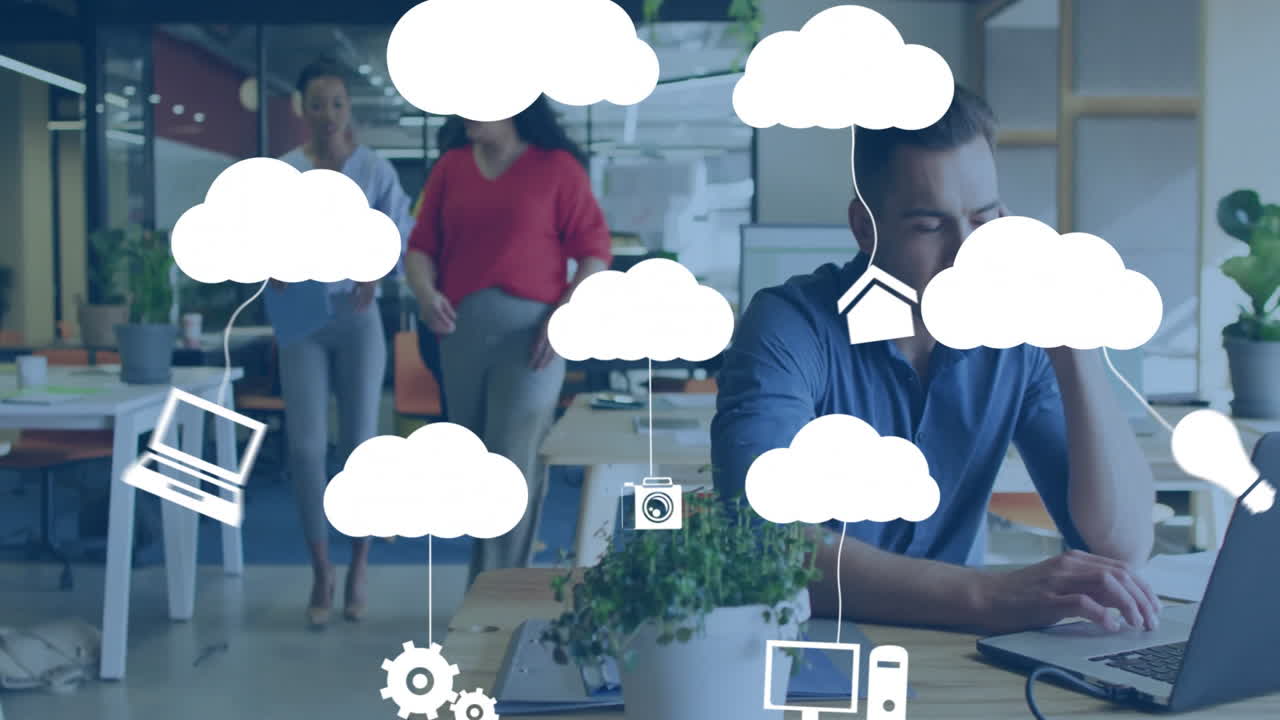 In office, people working with cloud computing icons overlaying, creating animation