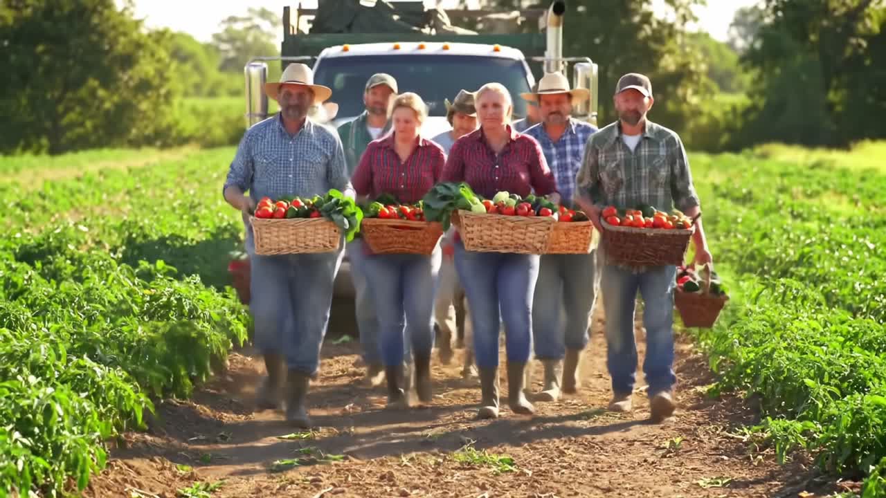 Farmers Collect Fresh Produce in Vibrant Fields During Sunny Harvest Season