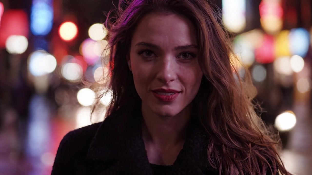 Un ritratto accattivante di una giovane donna sicura di sé in una città vibrante di notte, illuminata da luci al neon colorate che si riflettono su superfici bagnate.