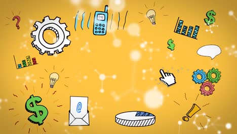 animación de redes blancas sobre iconos de negocios, oficinas y medios dibujados sobre fondo amarillo