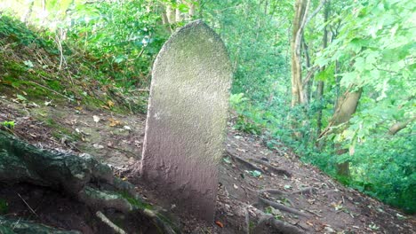 stone tombstone mile marker on top of woodland forest hillside slope at sunrise