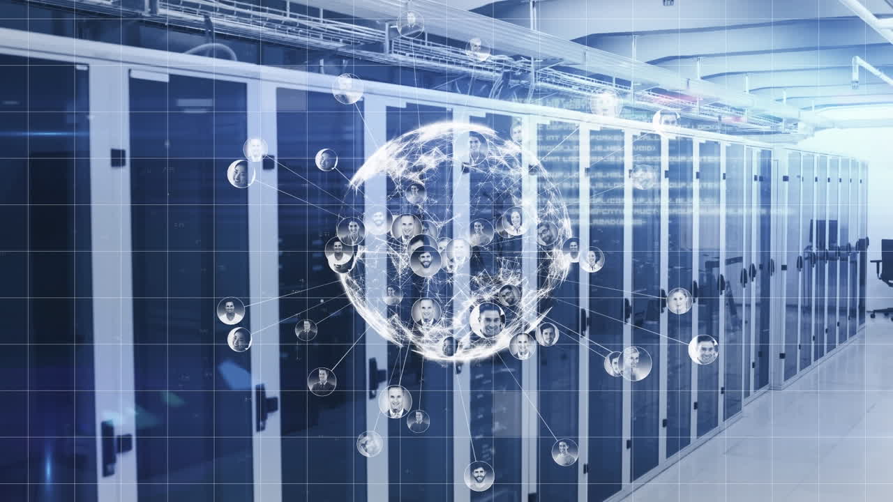 컴퓨터 서버를 통해 연결 및 데이터 처리와 함께 지구의 애니메이션