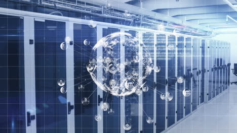 animation of globe with connections and data processing over computer servers