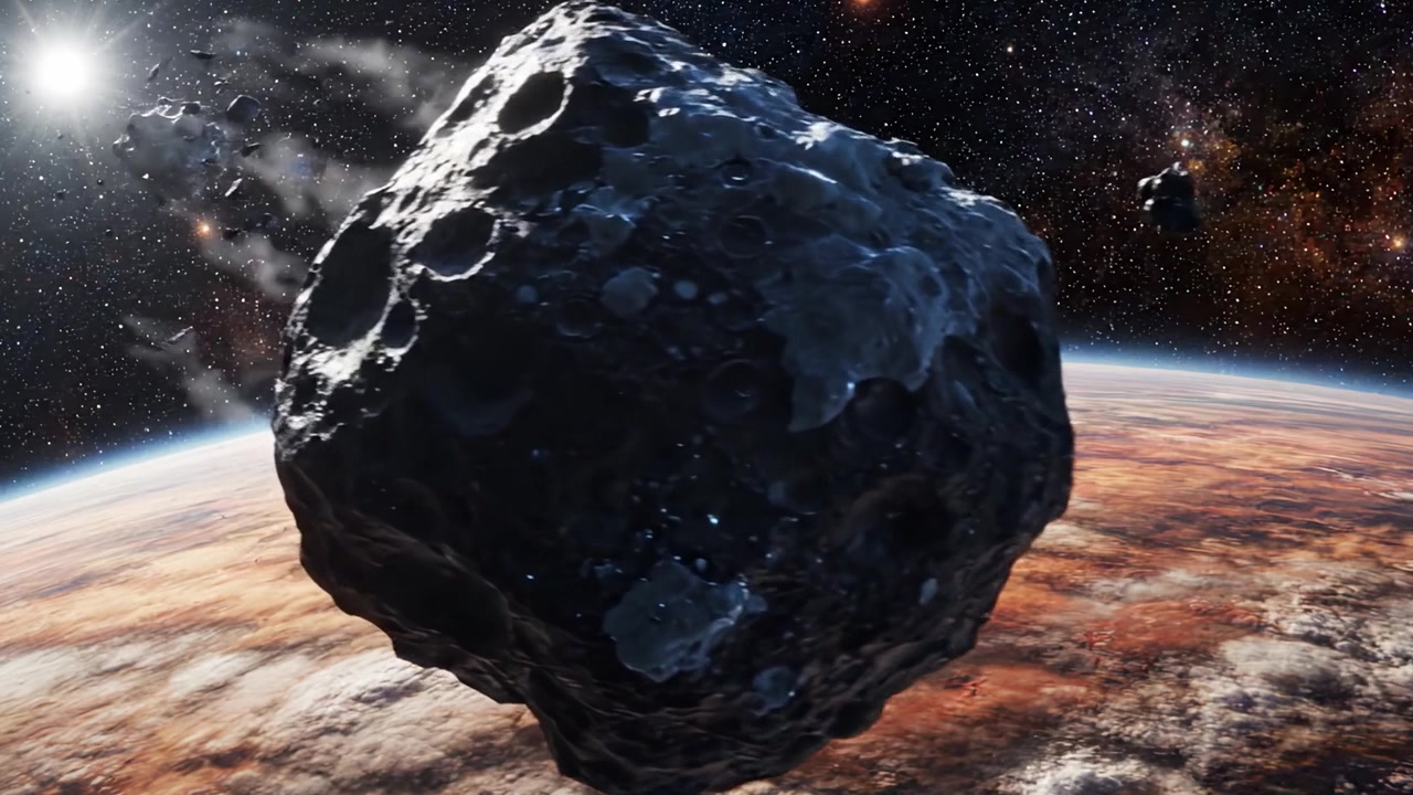 Una splendida vista cosmica di corpi celesti: che cattura asteroidi in una scena abbagliante sopra un pianeta colorato circondato da stelle e meraviglie galattiche.