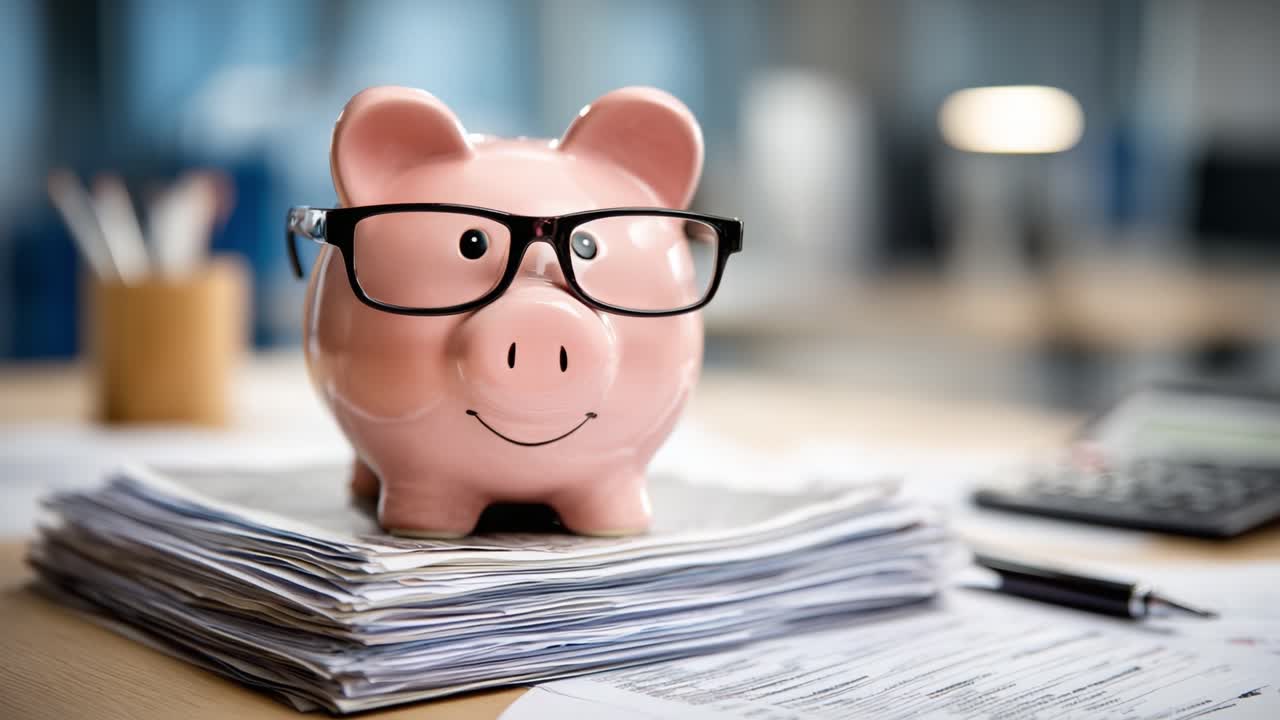 A cheerful piggy bank wearing glasses sits atop a stack of paperwork on a desk, symbolizing savings, financial planning, and the importance of managing finances effectively