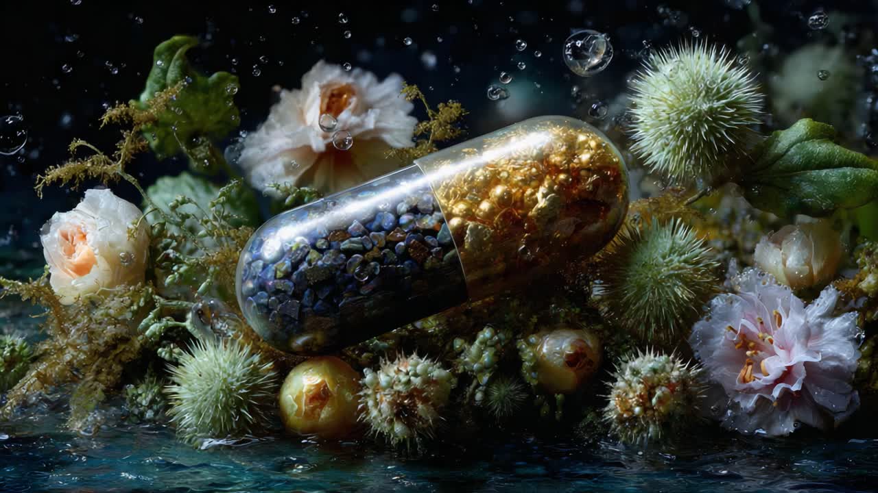 A Stunning Close-Up of a Unique Capsule Filled with Colors and Textures Surrounded by Lush Flora, Capturing the Beauty of Nature and Medication in a Single Frame