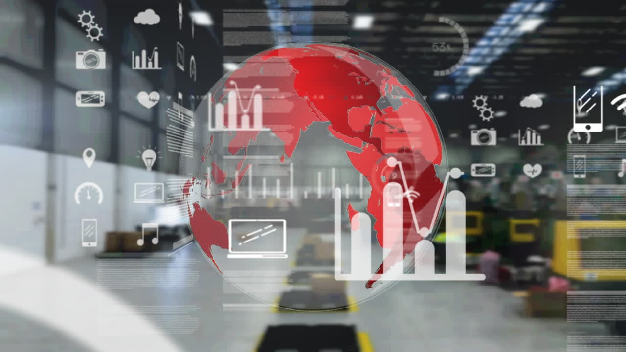 animación de iconos digitales y globo girando sobre el almacén