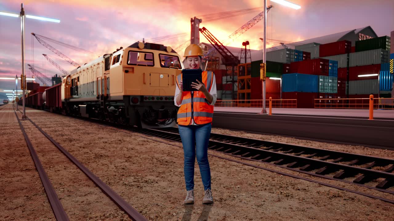 Full Body Of Asian Female Engineer With Safety Helmet Working On A Tablet With Freight Cargo Train At Port