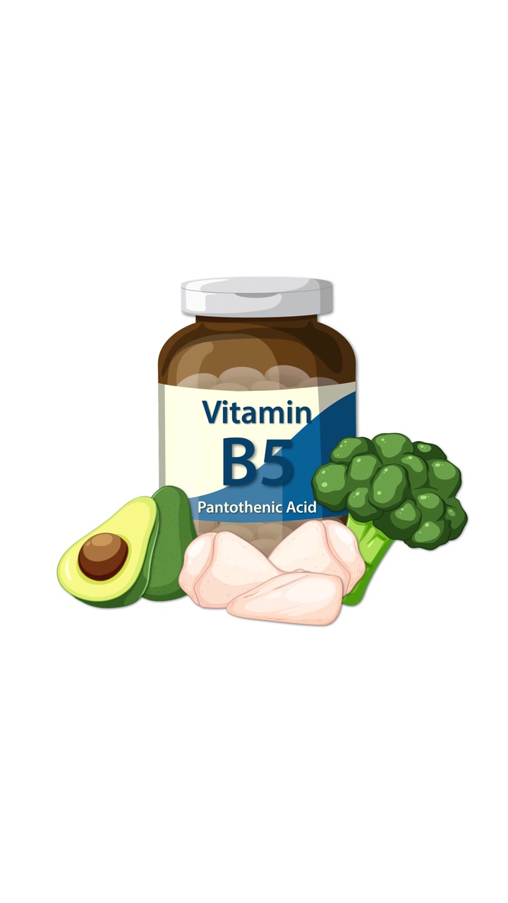 Bottiglia di Vitamina B5 con avocado, pollo, broccoli appare su sfondo bianco, transizioni fluide della telecamera.