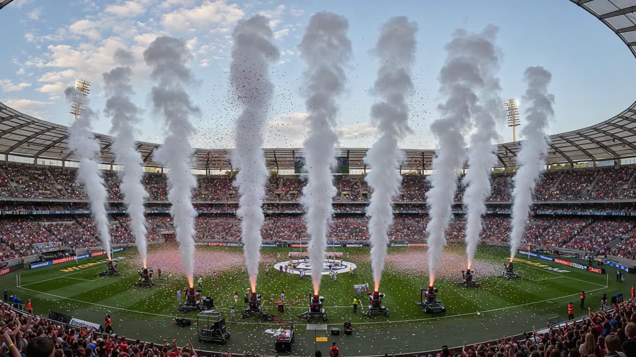 Spectacular Pyrotechnics Ignite the Stadium as Fans Eagerly Await the Start of an Exciting Sporting Event with a Vibrant Atmosphere and Colorful Celebrations
