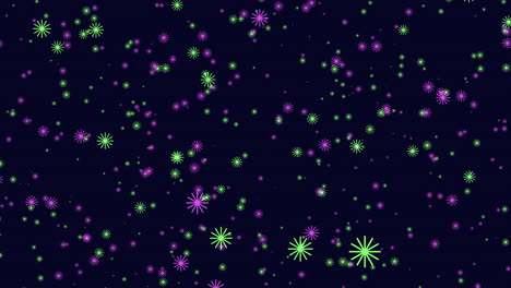 fly green and purple snowflakes in dark blue sky