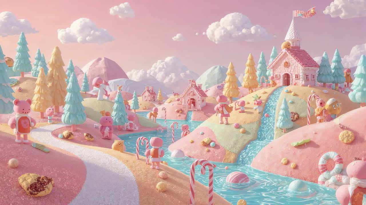 Dreamy Pastel Candy Land with Cute Creatures