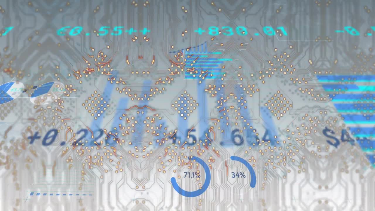 베이지색 배경에 데이터와 그래프를 통해 통합 회로의 애니메이션