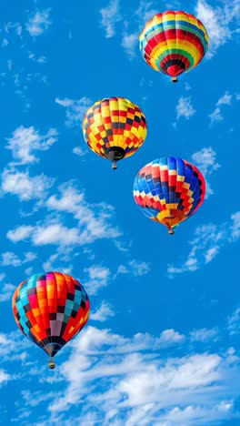 four colorful hot air balloons are flying in the sky above a blue sky