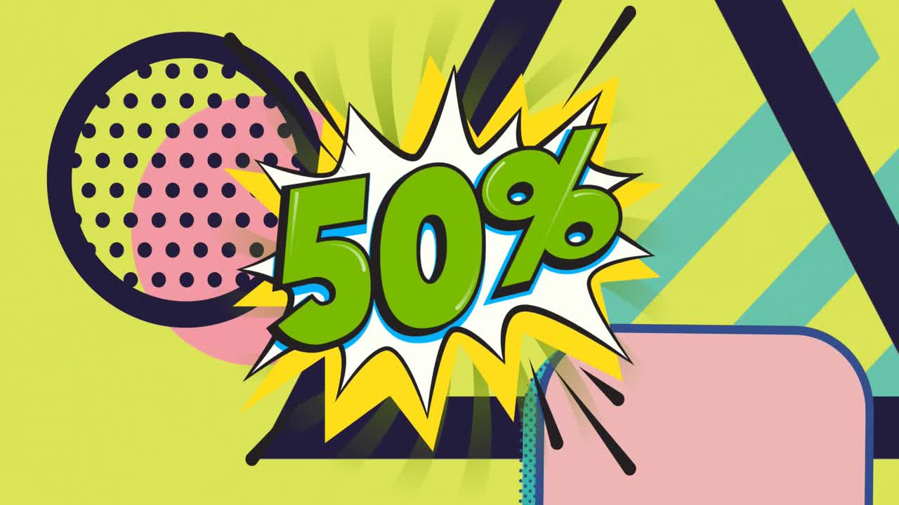 animación del 50 por ciento sobre la burbuja de habla vintage en un fondo multicolor