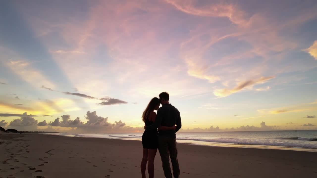 La luce del tramonto che cambia spinge la coppia ad avvicinarsi e ad abbracciarsi sulla spiaggia, migliorando i contenuti di viaggio.