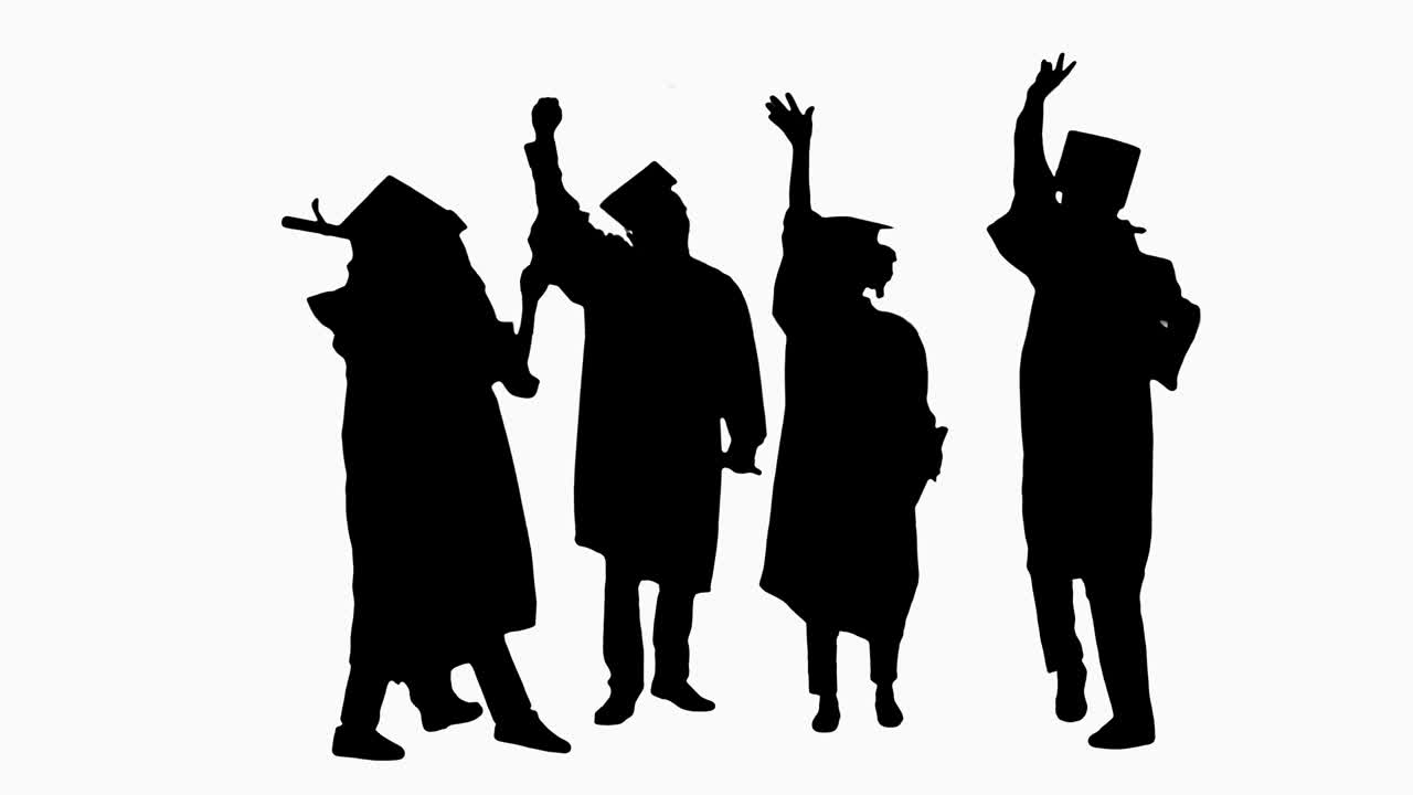 실루 행복한 친구 졸업생은 함께 손을 잡고 친근한 팀의 개념