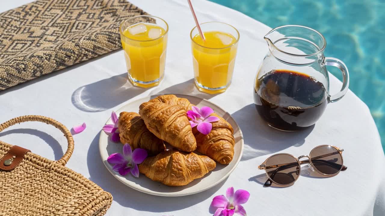 A Relaxing Brunch Scene by the Pool Featuring Fresh Croissants, Tropical Drinks, and Stylish Sunglasses with Beautiful Orchids for a Perfect Summer Vibe