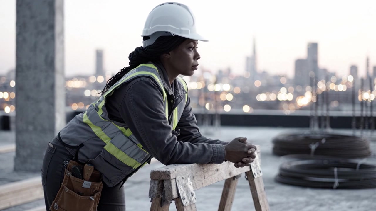 A dedicated female construction worker in a hard hat and reflective vest pauses to reflect while overseeing the urban skyline at dusk from a building site.