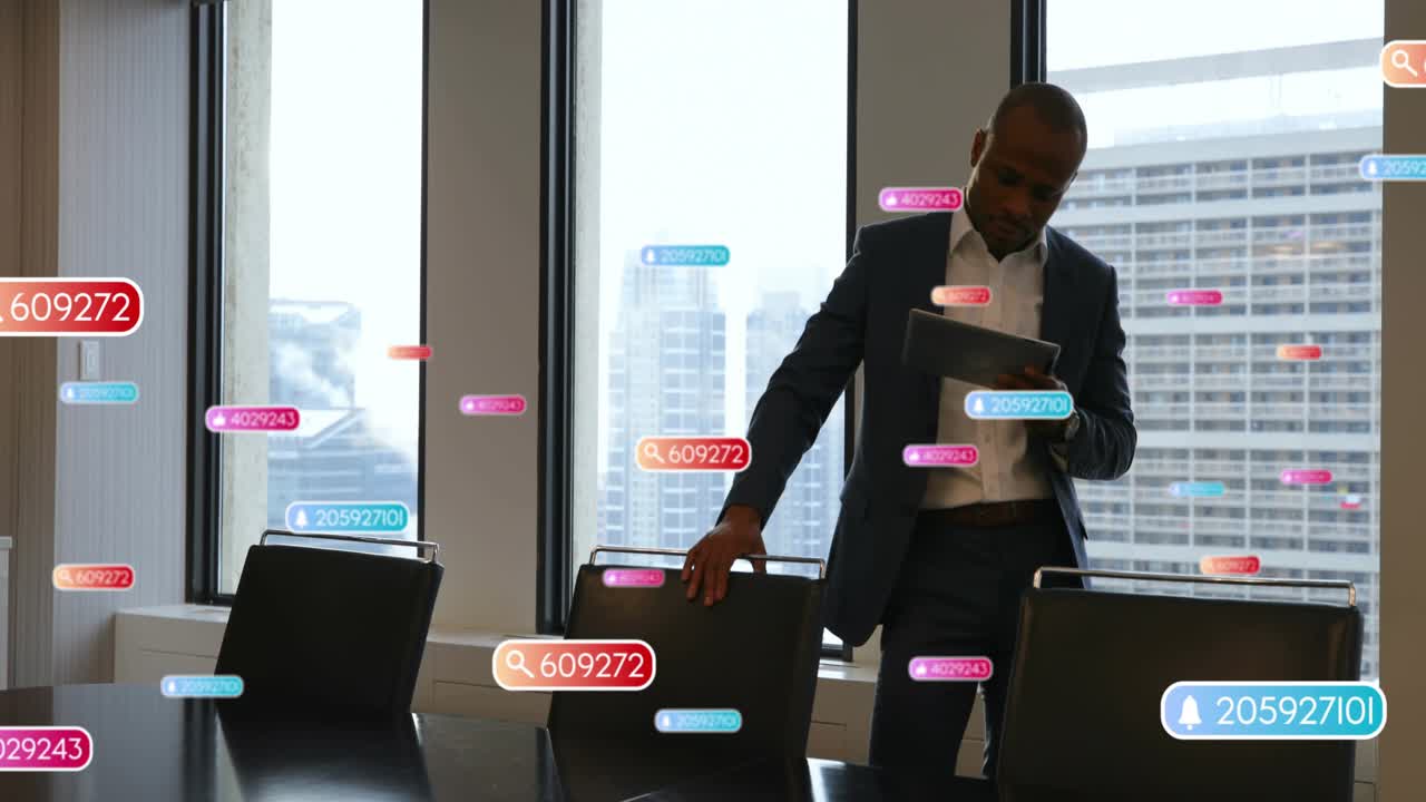 Exec tapping tablet, causing AR badges and numbers while pulling chair and reviewing business data