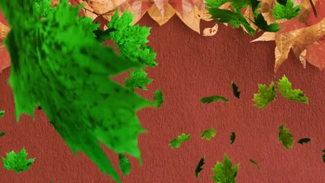 animation of multiple autumn leaves falling on brown background