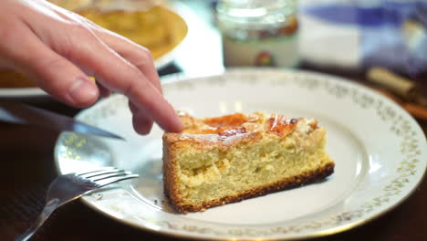 chef poniendo una rebanada de pastel en el plato. tarta de manzana en rodajas en el plato. pedazo de tarta de manzana