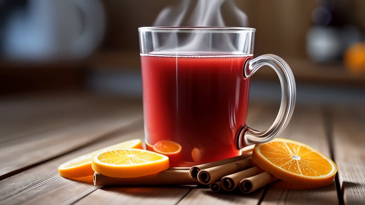 Tazza fumante di vin brulé con fette d'arancia e bastoncini di cannella
