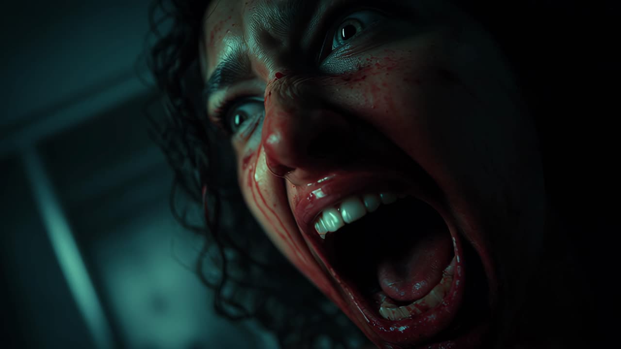 Bloodied woman shouting in darkness