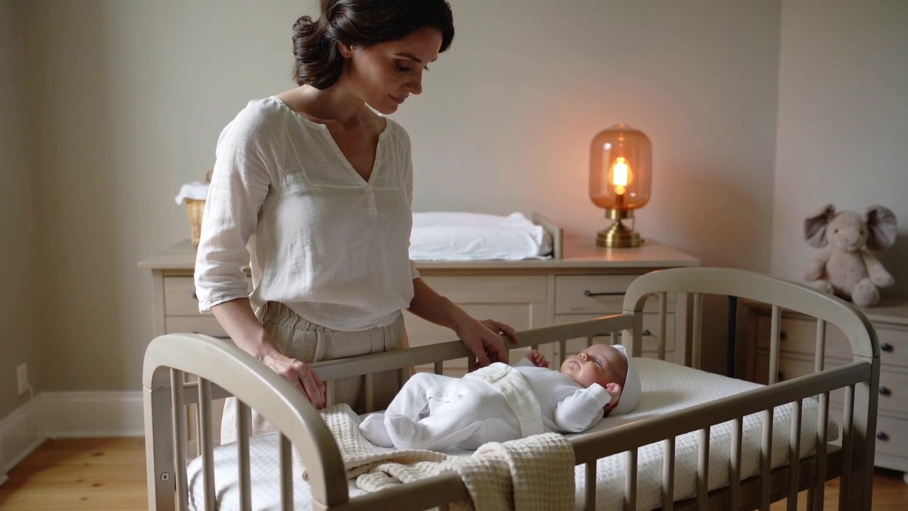Leaning mother in loose white blouse checking baby in crib as baby raising arm, lit lamp