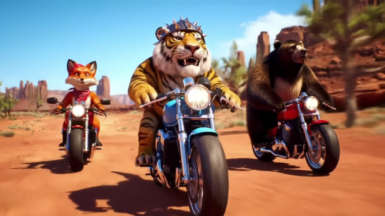 A Thrilling Adventure on Two Wheels: Animated Characters Riding Motorcycles Through a Desert Landscape