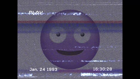 Digitale-Animation-Des-VHS-Glitch-Effekts-über-Lila-Emoji-Mit-Albernem-Gesicht-Vor-Schwarzem-Hintergrund