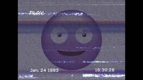 digital animation of vhs glitch effect over purple silly face emoji against black background