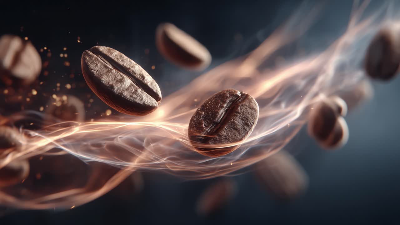 Granos de café dinámicos y cautivadores en movimiento rodeados por un flujo de energía etérea, destacando la riqueza y el aroma del café recién tostado.