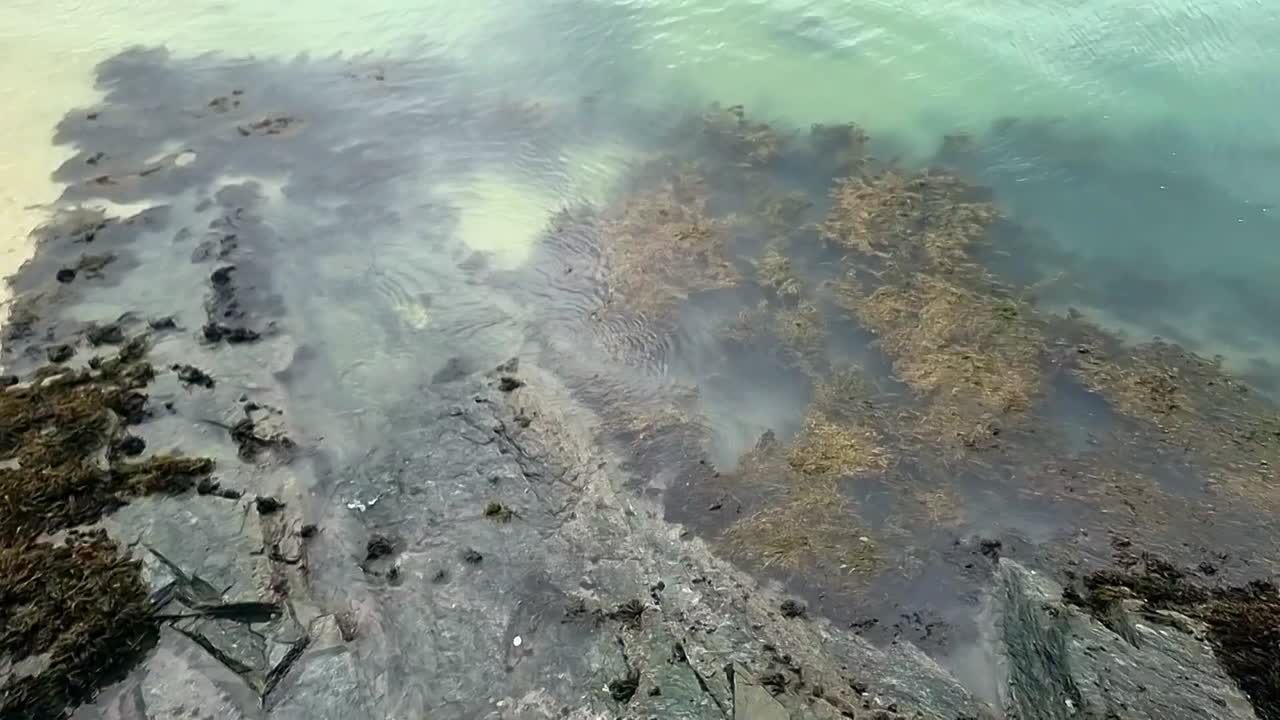 mirando hacia abajo al claro arrecife rocoso sumergido turquesa y ondulando olas transparentes en el borde de la bahía idílica