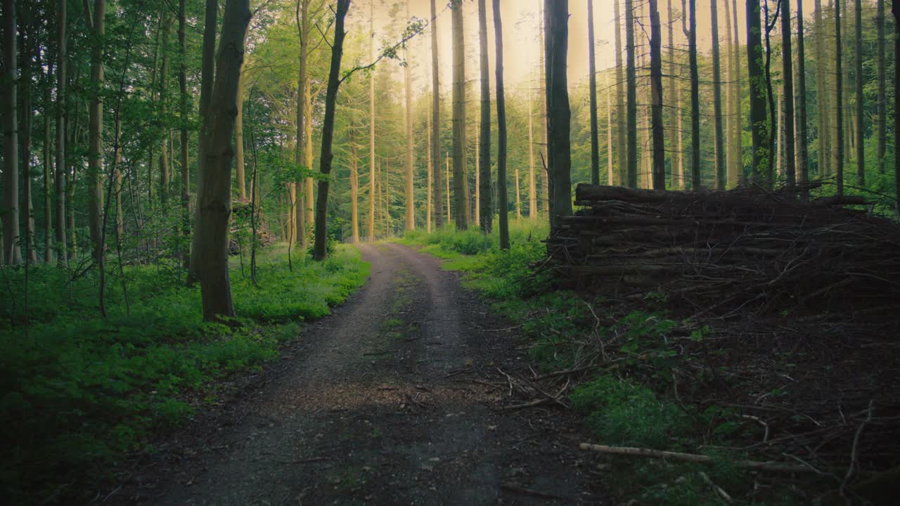 Lush forest path in Langeland, Denmark, with sunlight filtering through trees
