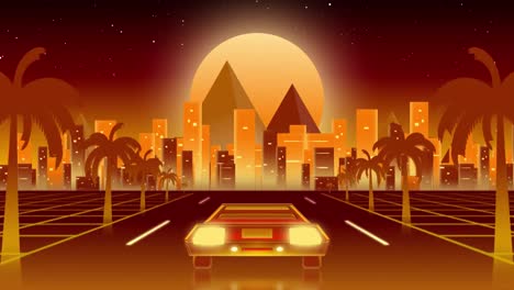 animación de la parte trasera del coche conduciendo por la noche hacia el paisaje urbano iluminado