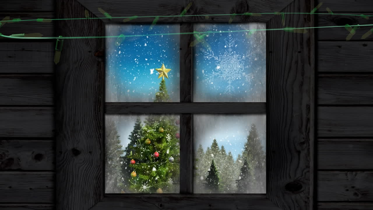 Yellow string lights flashing over window with view of christmas tree and falling snow