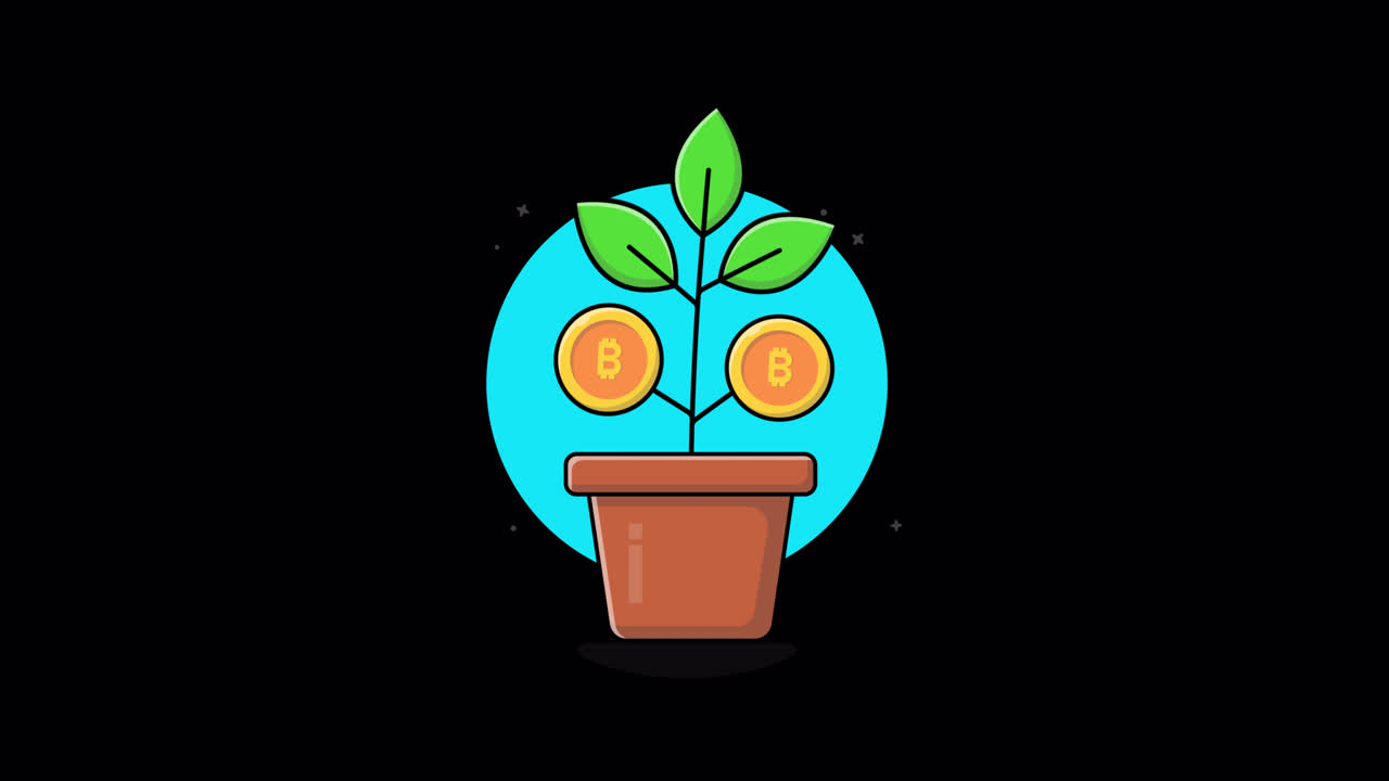 Planta Cartoon com Moedas Bitcoin Crescendo em um Vaso