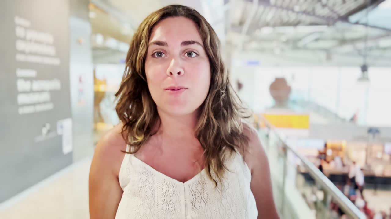 Woman on Escalator in Airport, Smiling and Looking Ahead