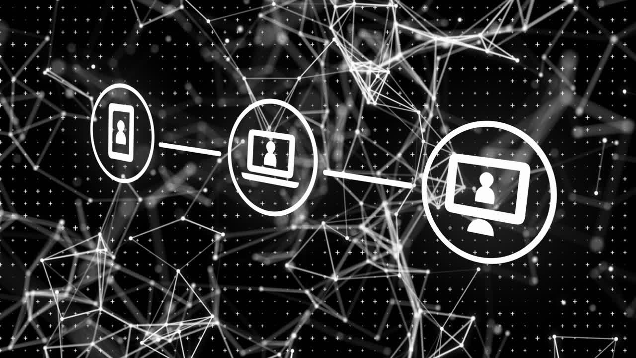 animación de la red de conexiones y procesamiento de datos sobre fondo negro