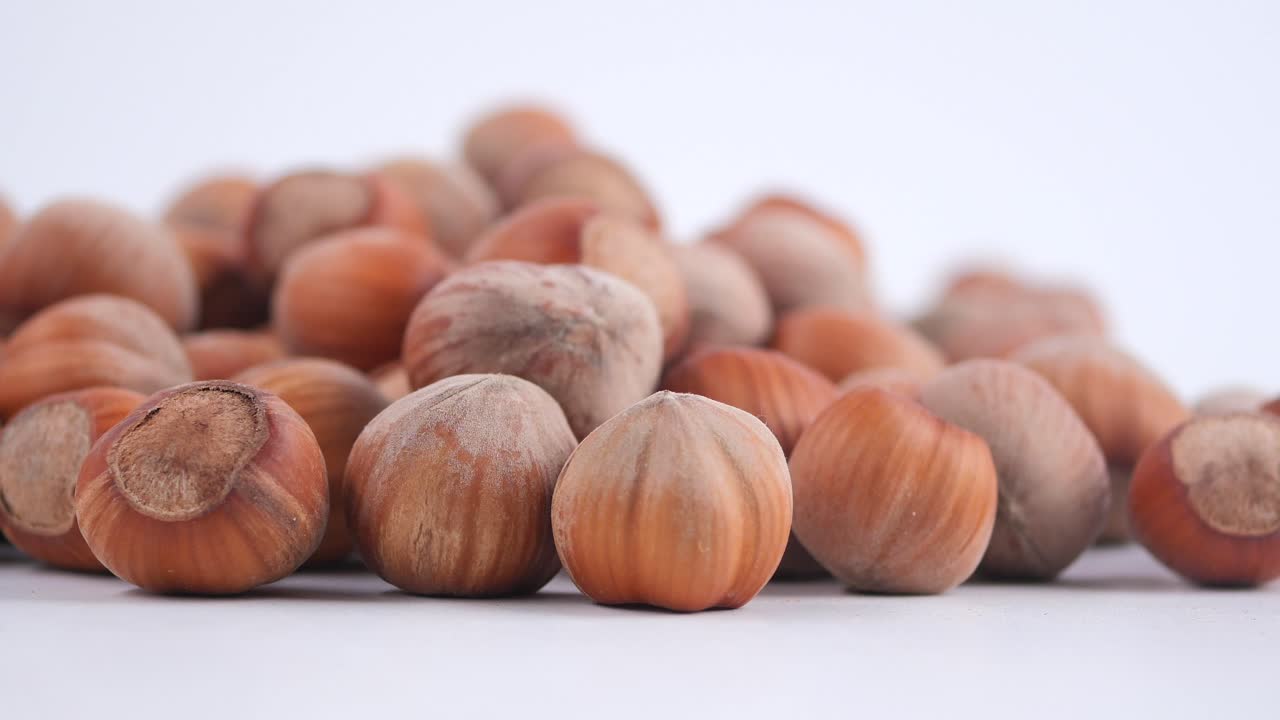 Pile of Hazelnuts in Shells on a White Background