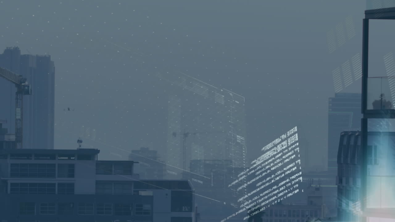 animación de la interfaz con el procesamiento de datos y el punto de luz azul contra la vista aérea del paisaje urbano