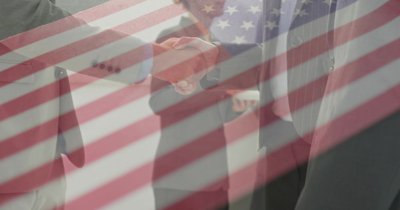 Three in suits, central raising hand and mic, causing right pan, US flag overlay marking pledge