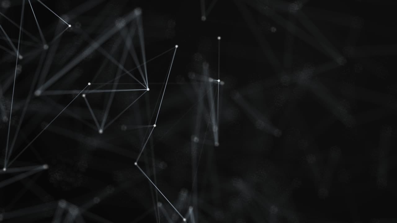 Abstract plexus geometrical shapes. Connection and web concept. Digital, communication and technology network background with moving lines and dots. Flickering star light. Color Black.